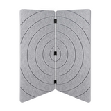 A grey PET felt folding screen or divider with concentric circular target-style lines and three small black clips along the center fold, shown on a plain white background.
