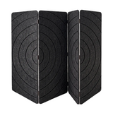 A black felt folding screen with concentric circle patterns on each panel, shown against a plain white background.