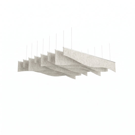 Ruche acoustic ceiling baffle kit in Natural Cotton, eight irregular wave-edged PET felt blades on silver rails