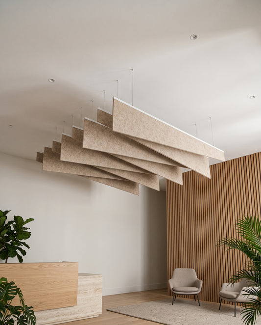 Shear felt ceiling baffles in Wheat in a reception lounge with a slatted timber wall