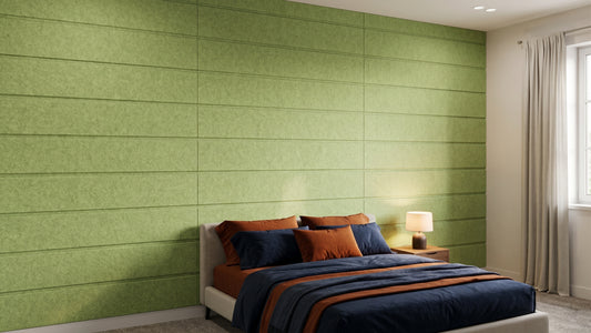 Shiplap engraved felt wall panels in Apple Green, in a bedroom