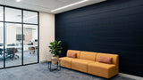 Shiplap engraved felt wall panels in Deep Ocean, in an office