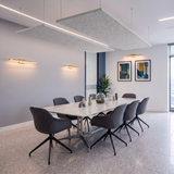 Light grey rectangular felt ceiling raft hanging above a meeting table
