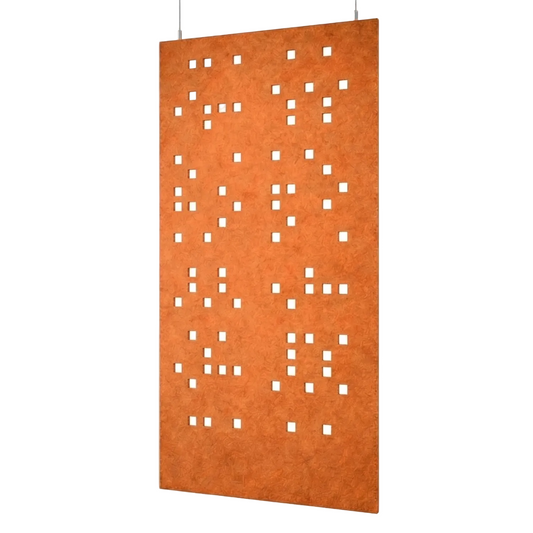 Orange perforated panel hanging against a white background