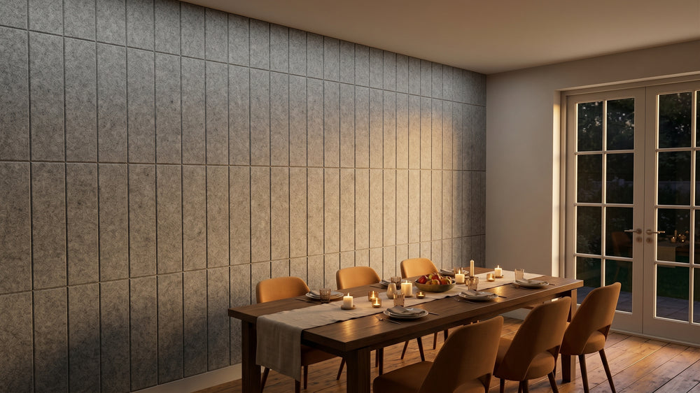 Stack engraved felt wall panels in Dark Silver, in a dining room