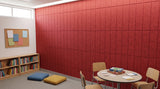 Stack engraved felt wall panels in Red, in a community space