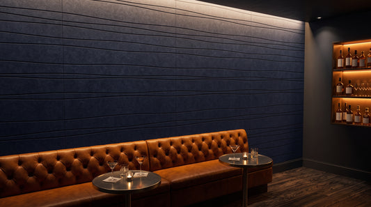 Strata engraved felt wall panels in Galaxy, behind a bar