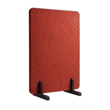 A red felt room divider with rounded corners, displayed on a black metal stand against a plain white background.