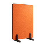 An orange felt room divider with a textured surface, supported by a black wooden stand on a white background.