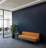 Terrain engraved felt wall panels in Deep Ocean, in an office