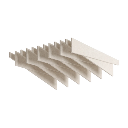 Felted trapezoid acoustic ceiling raft in natural cotton PET felt, staggered raked blades, on a white background.