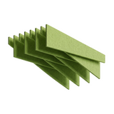 Felted trapezoid acoustic ceiling raft in apple green PET felt, staggered blades, on a white background