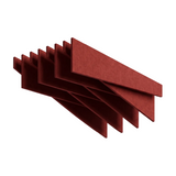 Felted trapezoid acoustic ceiling raft in dark rouge PET felt, staggered blades, on a white background