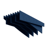 Felted trapezoid acoustic ceiling raft in deep ocean blue PET felt, staggered blades, on a white background