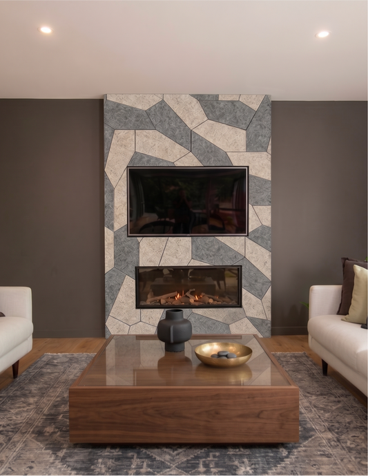 A feature wall of Type 15 pentagon PET felt acoustic tiles