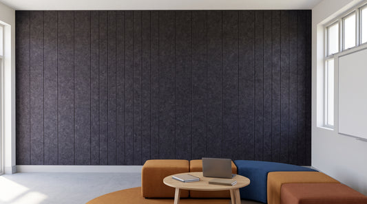 Vertical engraved felt wall panels in Paynes Grey, in a school space