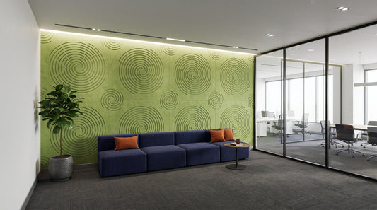 Vortex engraved felt wall panels in Apple Green, in an office