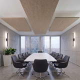 Wheat rectangular felt ceiling rafts with rounded corners hanging above a boardroom table