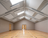 White rectangular felt ceiling rafts hanging in the roof of a sports hall