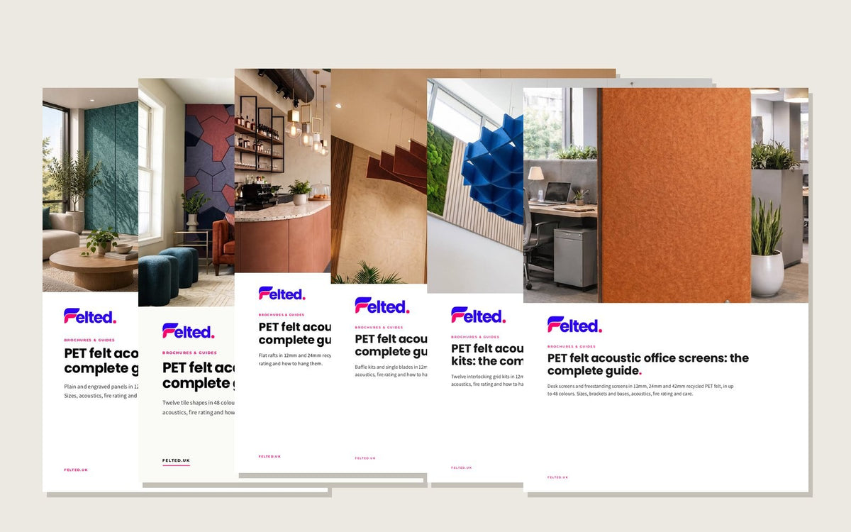 Covers of the six Felted PET felt product guides fanned out on a cream background