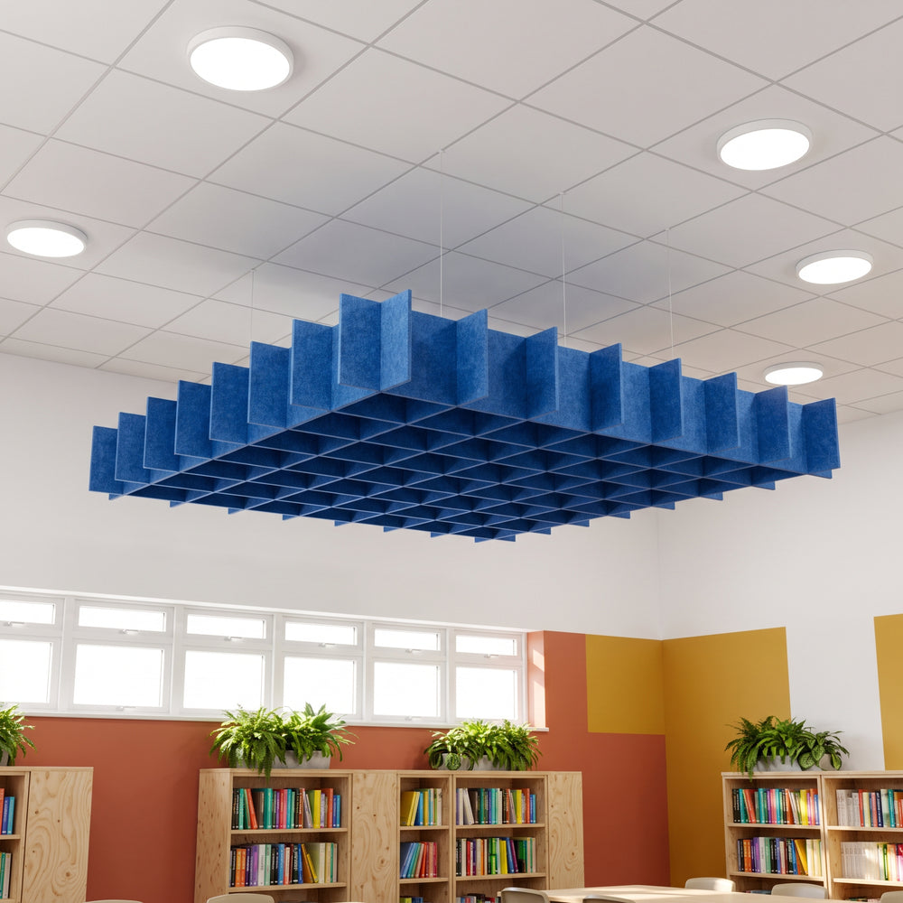 Felted Jetty acoustic ceiling baffle grid kit in Cornflower Blue