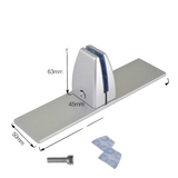 Metal bracket with dimensions and accessories on a white background