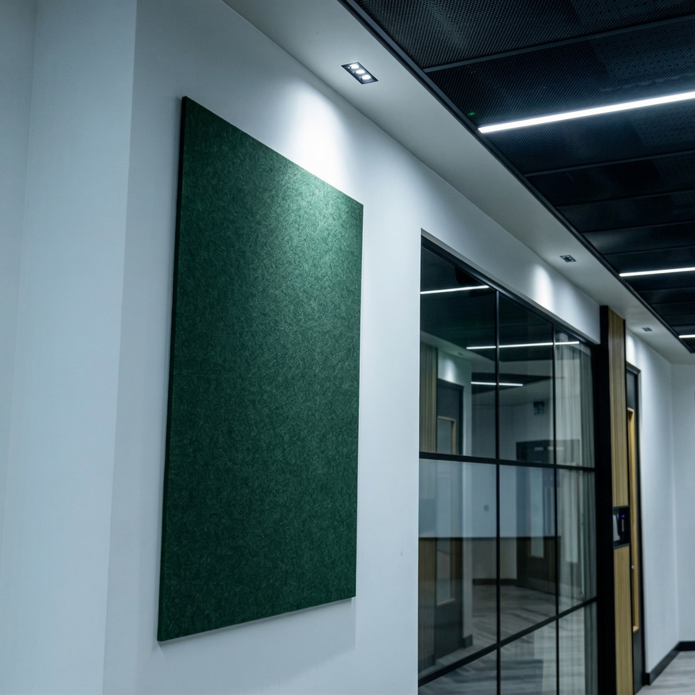Modern office hallway with green acoustic panel on the wall